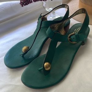 Coach turquoise teal leather sandals, stacked heel. Size 9.5
